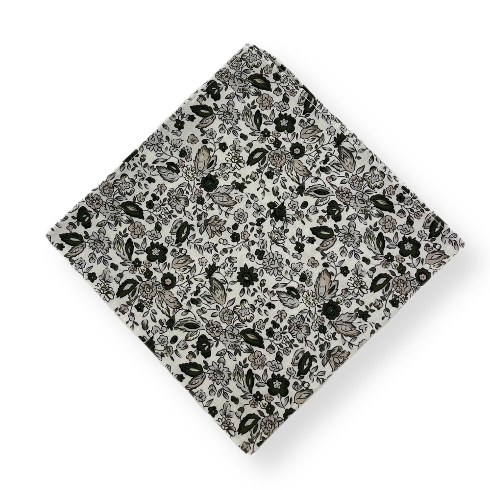 White & Dark Green Tonal Floral Print Pocket Square Handkerchief
